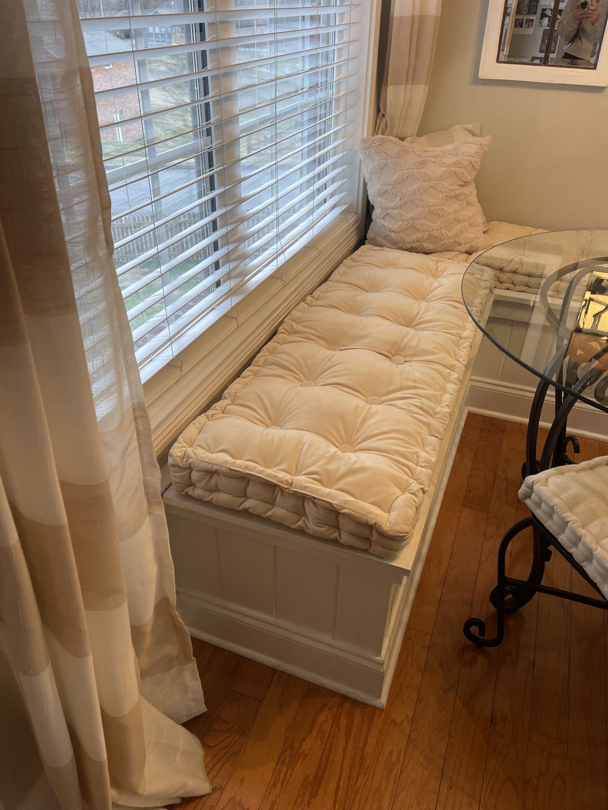 Threehoney Velvet Bench Cushion for Indoor Furniture, Ivory White, 42x16 in | Thicken Memory Foam, Bay Window Seat Cushions, Long Tufted Bench Pad for Entryway, Dining Room, Nook, Patio, Corner, Outdoor customer photo 2