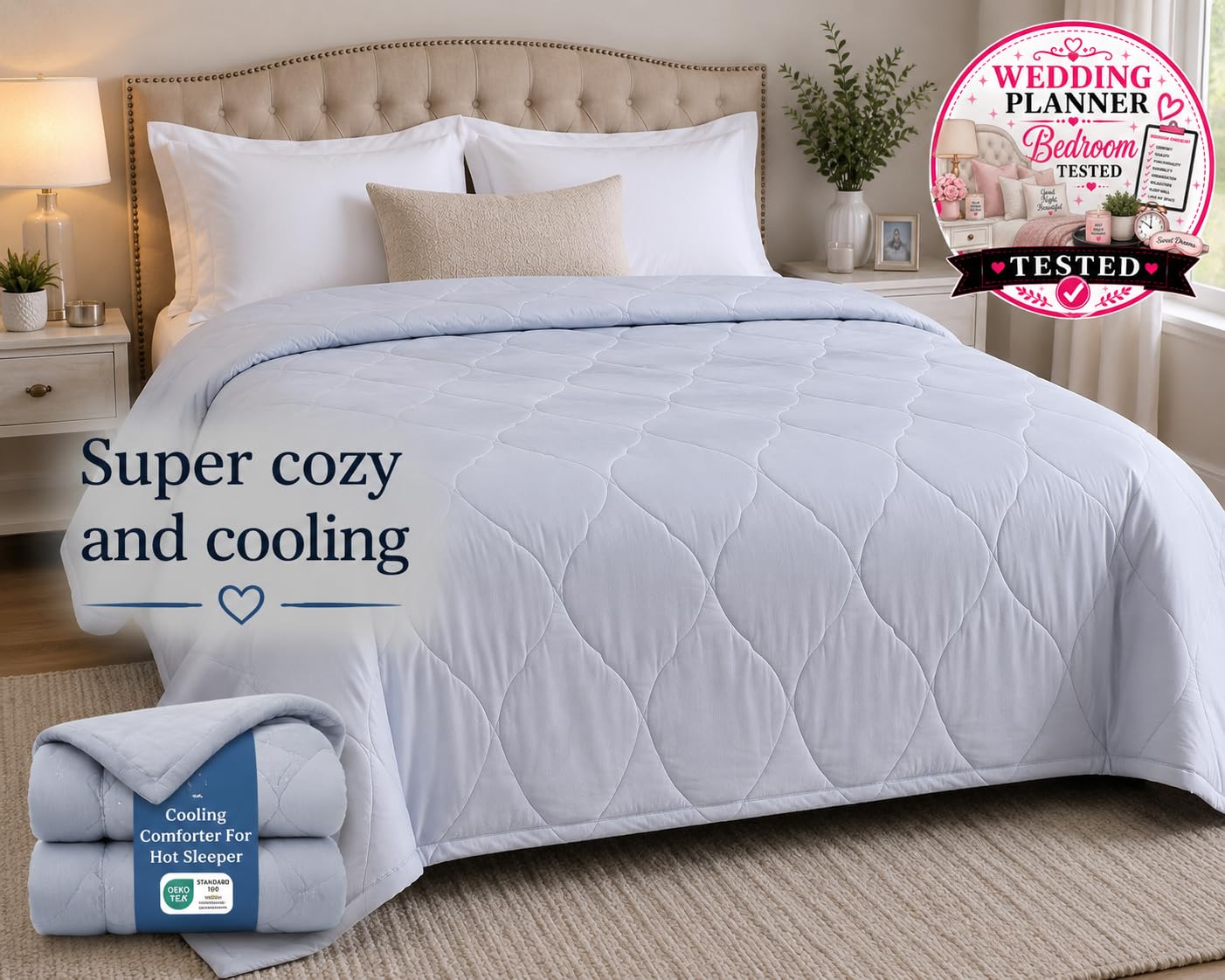 Bedsure Cooling Comforter Queen Size - Cooling Blankets for Hot Sleepers, Lightweight Comforter for Summer with Dual-Sided Cool Tech, Soft Breathable Cold Blanket for Sleeping, Blue, 88x88 Inches customer photo 1