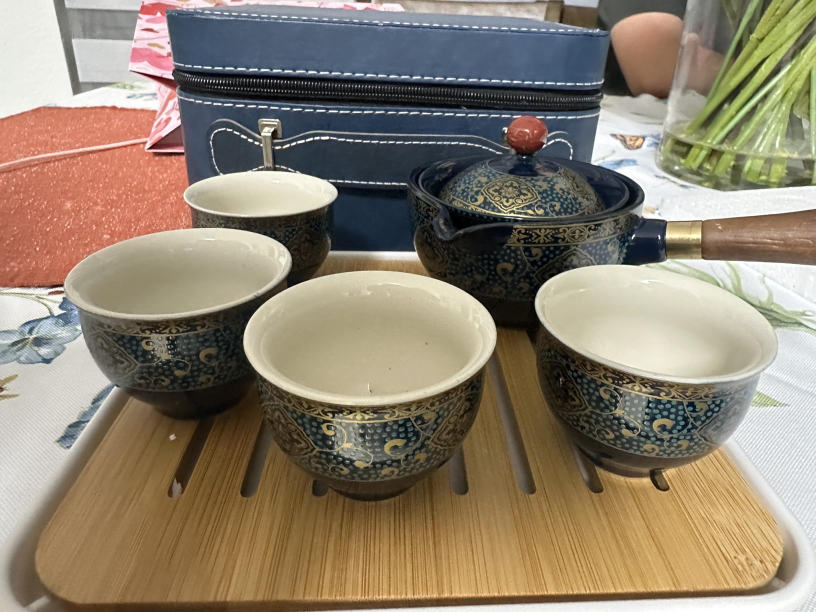 Japanese Tea Set Chinese Gongfu Tea Set, Portable Teapot Set with 360 Rotation Tea Maker and Infuser,Kung Fu Tea Set Asia Tea Set Travel Tea Set All in One Leather Bag (4cups-Sakura) customer photo 2