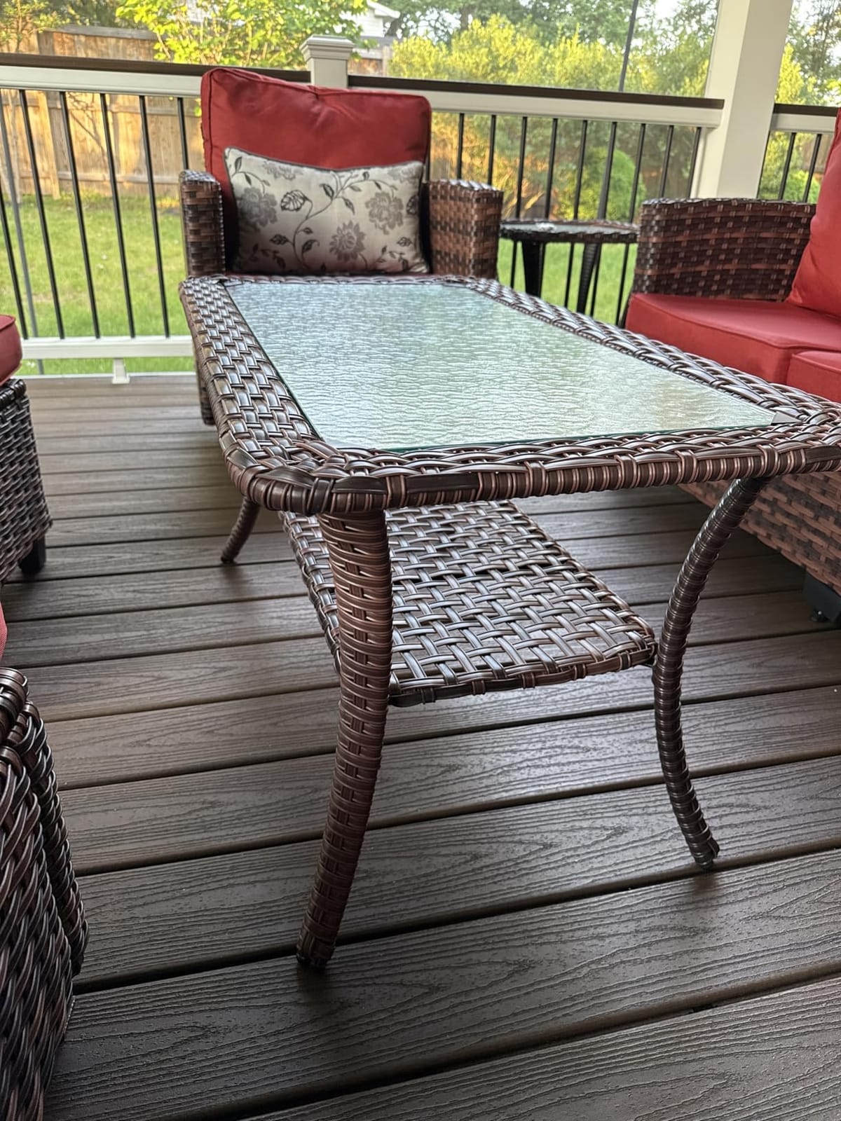 VINGLI Outdoor Coffee Table with Storage Wicker Patio Coffee Table, Tempered Glass Top Coffee Table for Patio Outside Balcony Porch Deck (Brown) customer photo 1