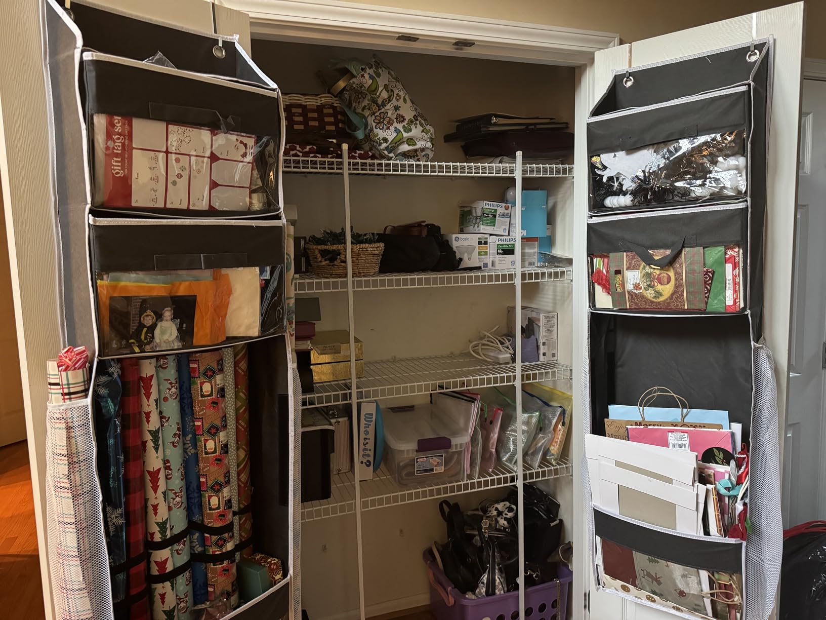 Over Door Wrapping Paper Organizer Storage with 3 Removable Drawers & Side Pockets - Dual Use Design with Elastic Straps, Christmas Gift Wrap Storage customer photo 2