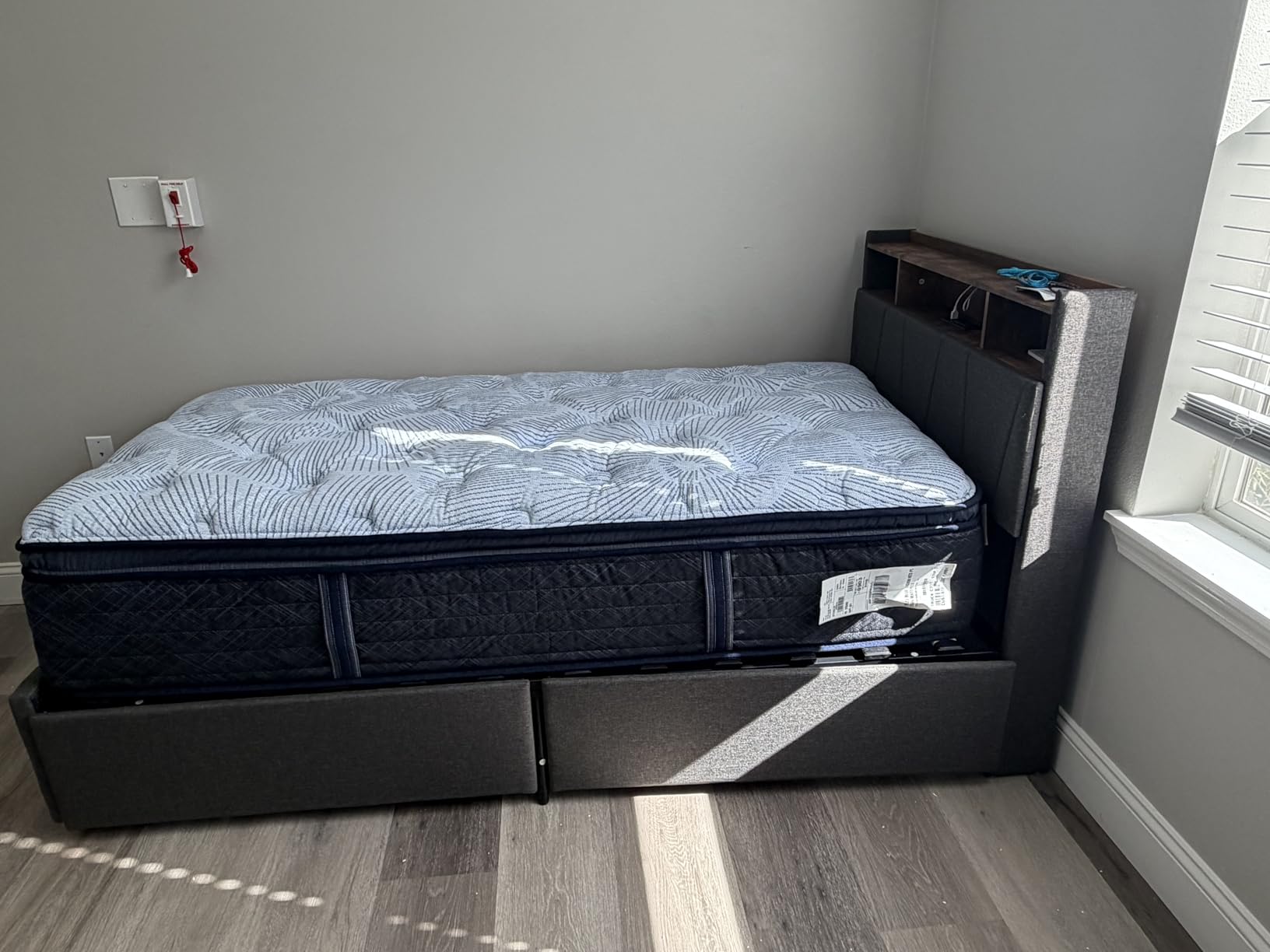 LIKIMIO Twin Bed Frame with 2 Drawers, Charging Station & LED Lights, Grey | Upholstered Platform Twin Bed with Storage Headboard, Strong Wooden Slats, No Box Spring Needed, Easy Assembly customer photo 2