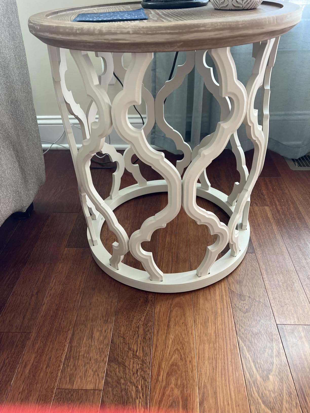 karlott Farmhouse End Table, French Country Tray Round Side Table, Beige | Curved Motif Frame Base With Distressed Tray Top, Boho Accent Table Ideal, End Tables for Living Room, Small Space, Bedroom customer photo 1