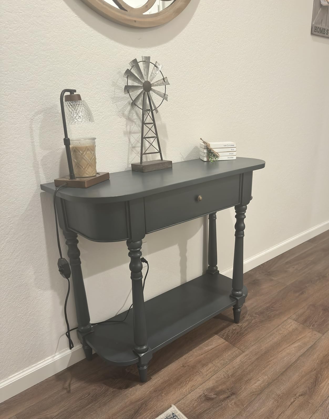 36'' Half Moon Curved Entryway Console Table with Drawer & Shelf, Espresso | Retro Farmhouse Accent Table, 2-Tier Storage, Solid Wood Turned Legs, Easy Assembly, for Entrance Hallway Living Room customer photo 1