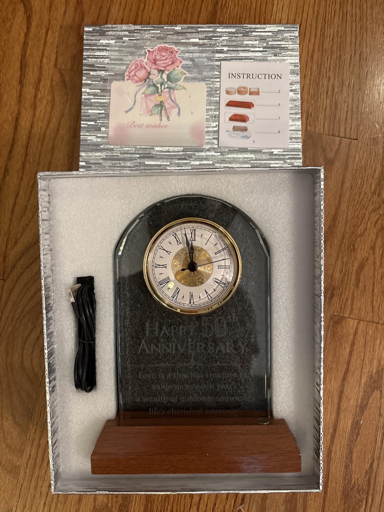YWHL 50th Wedding Anniversary Clock Gifts for Parents Grandparents, 50 Years Anniversary Couple Gifts, Glass Table Clock Presents with Wooden Light Base for Home Decoration (Battery not Included) customer photo 1