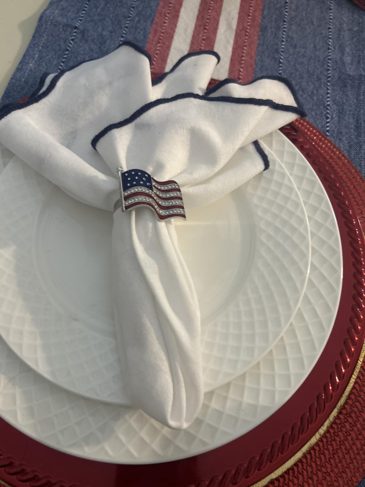 Geiserailie 6 Pcs Patriotic Napkin Ring 4th of July Star Napkin Ring Holder | Rhinestone Napkin Holders, Adjustable 250th Anniversary Buckle for Independence Day, Red White and Blue American Flag Theme customer photo 1