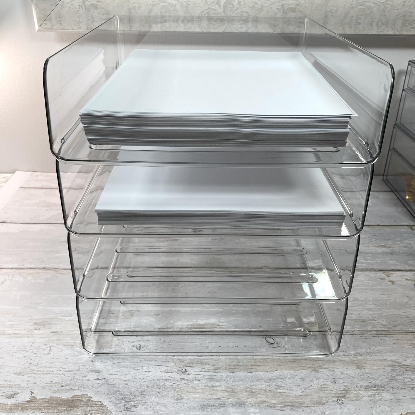FANXIYQ 4-Tier Acrylic Paper Tray Organizer, Clear Stackable Desk File Organizer for Documents, Files, Letters, A4 Paper, Books, Notes, Mail & Paper Storage, Office Classroom Home customer photo 2