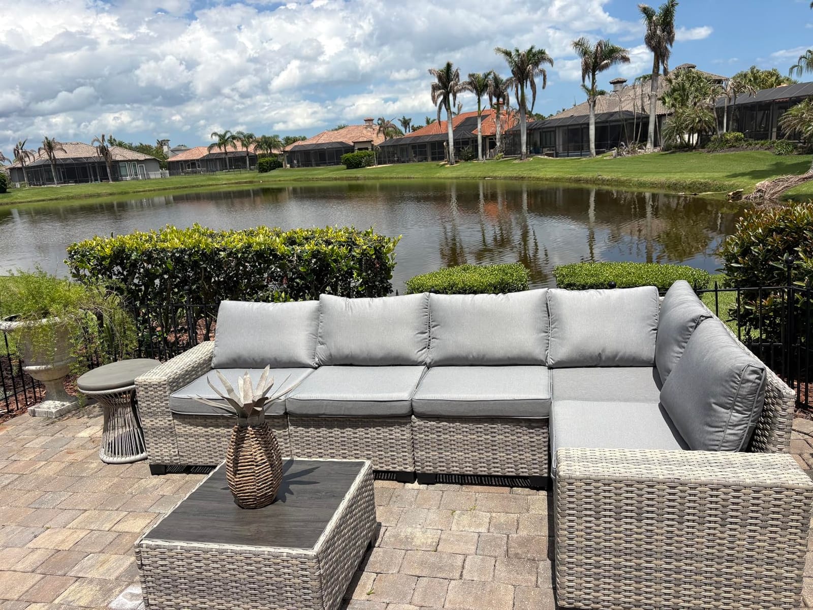 Outdoor Patio Furniture Set PE Wicker Rattan Outdoor Sectional Sofa | Patio Conversation Set with Rocking Swivel Chair, Chunky Arms Coffee Table & Thickened Cushions for Porch 9PCS, Navy Blue customer photo 1
