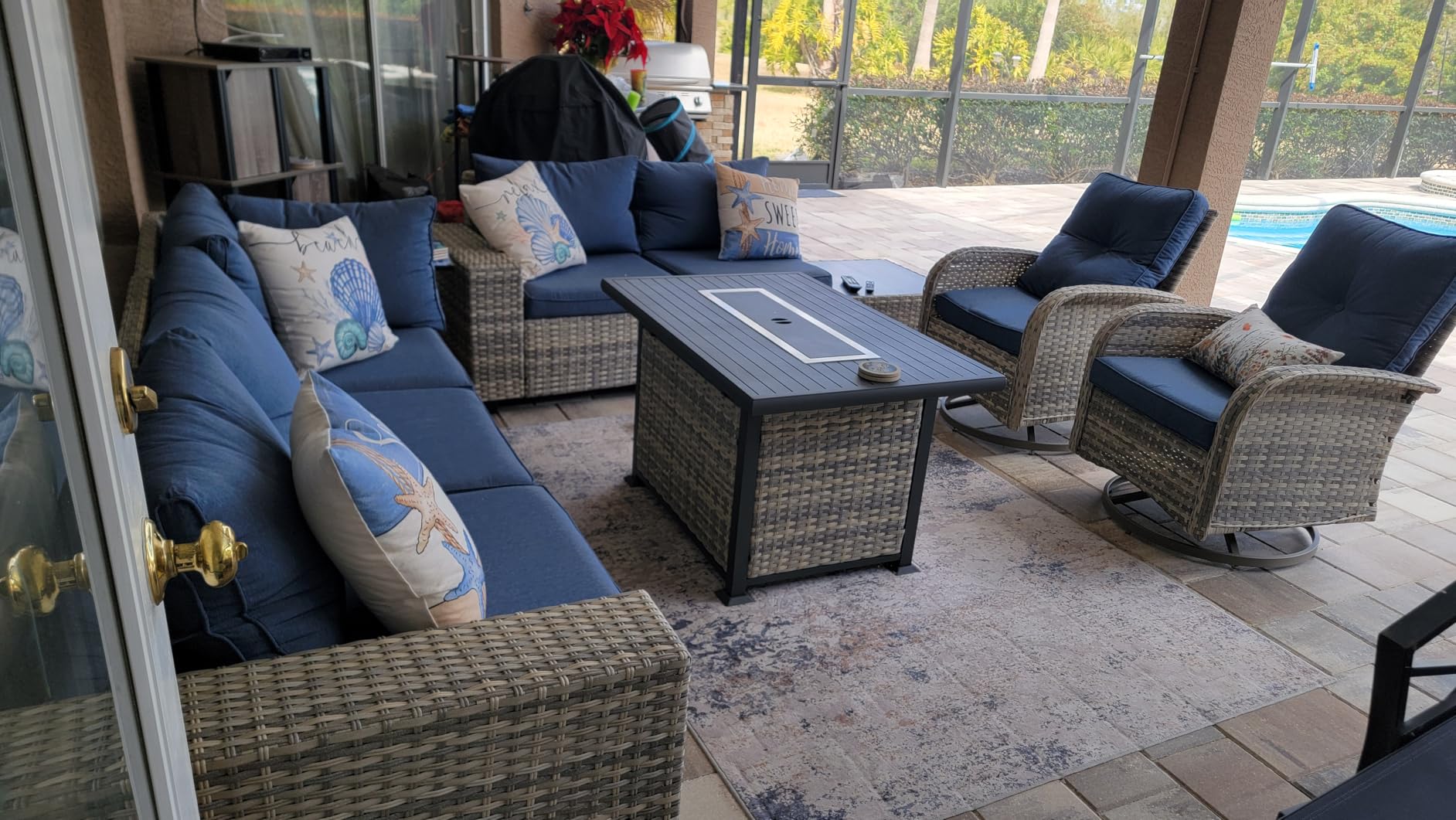 Outdoor Patio Furniture Set PE Wicker Rattan Outdoor Sectional Sofa | Patio Conversation Set with Rocking Swivel Chair, Chunky Arms Coffee Table & Thickened Cushions for Porch 9PCS, Navy Blue customer photo 2