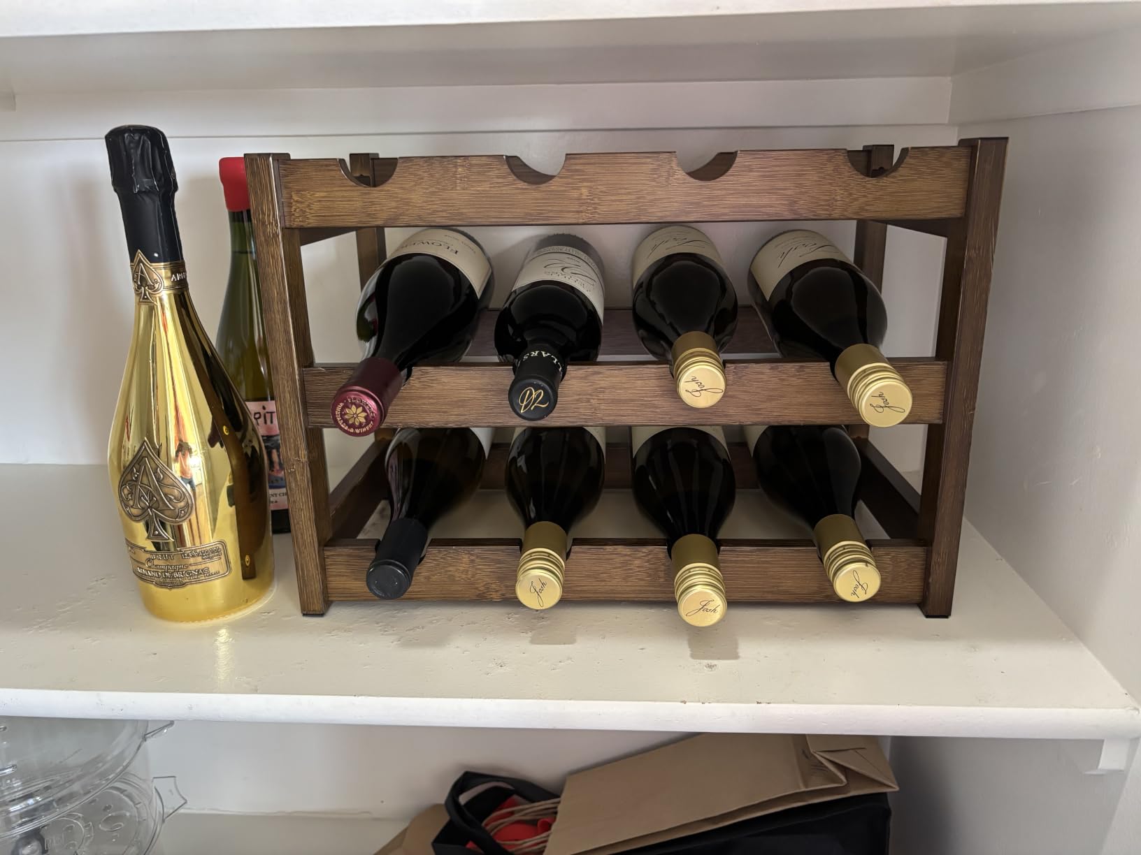 Bamboo Wine Rack, 3-Tier 12 Bottles Wine Storage Cabinet Shelf | Easy Assembly, Sturdy Wine Bottle Holder, Freestanding Bamboo Wine Racks Countertop for Kitchen Pantry Dining Room Bar, Walnut customer photo 2