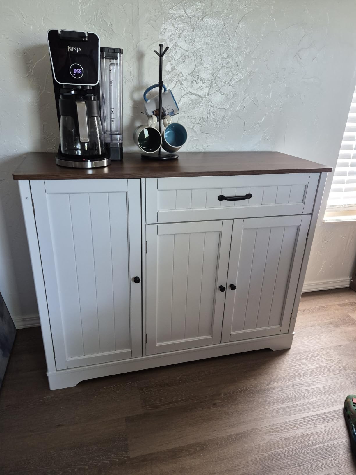 Gizoon Kitchen Coffee Bar Cabinet with Storage, White and Rustic | Kitchen Sideboard Buffet Cabinet with Drawers, Short Pantry with Door and Shelves for Bathroom and Living Room customer photo 1