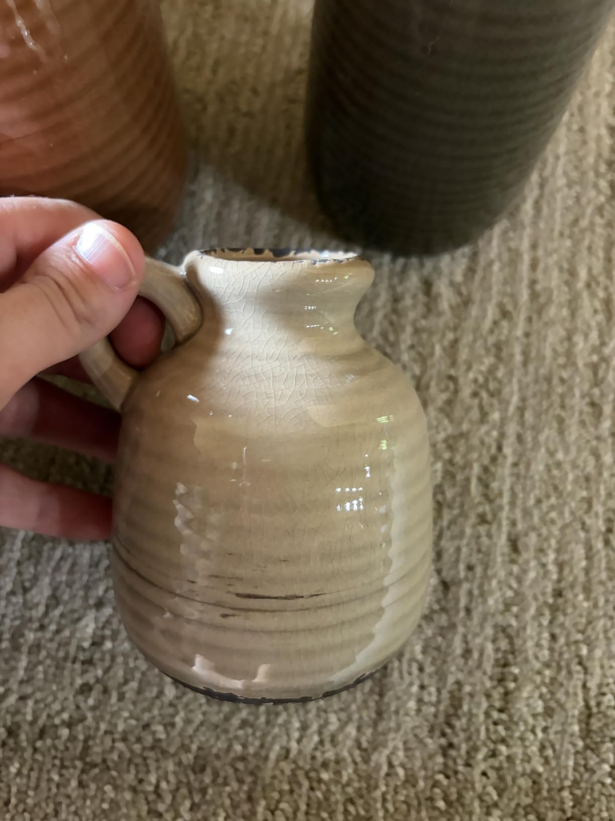 Ceramic Vases Set of 3, Neutral Rustic Farmhouse Vase with Handle, Decorative Flower Vases Home Decor Modern Boho Pampass Vase for Table Mantel Entryway Shelf Living Room Kitchen Bathroom - Brown customer photo 1