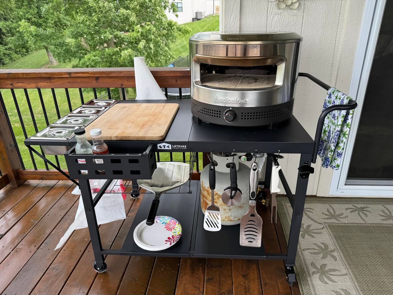 Pizza Oven Table Stand, Outdoor Grill Cart Table for Ninja Ooni Blackstone | Outside BBQ Prep Tables Station with Seasoning Tray for Gozney, Solo Stove, 47