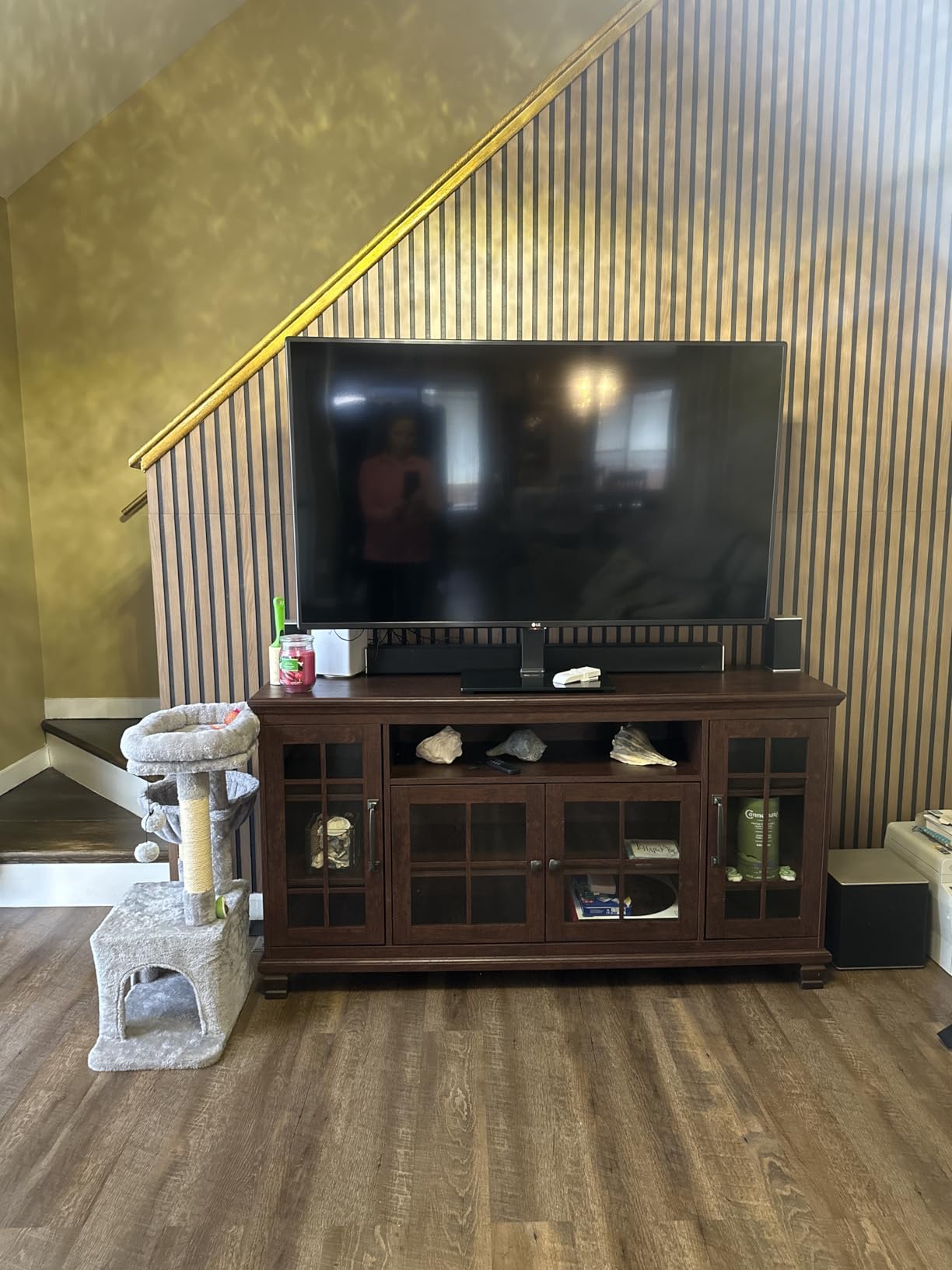 SAVOR LIFE 60-Inch Sideboard Buffet Cabinet with Glass Doors, Walnut | Vintage walnut finish, 4 glass doors, adjustable shelves, open cubby, and solid wood legs for dining rooms and coffee bars customer photo 2