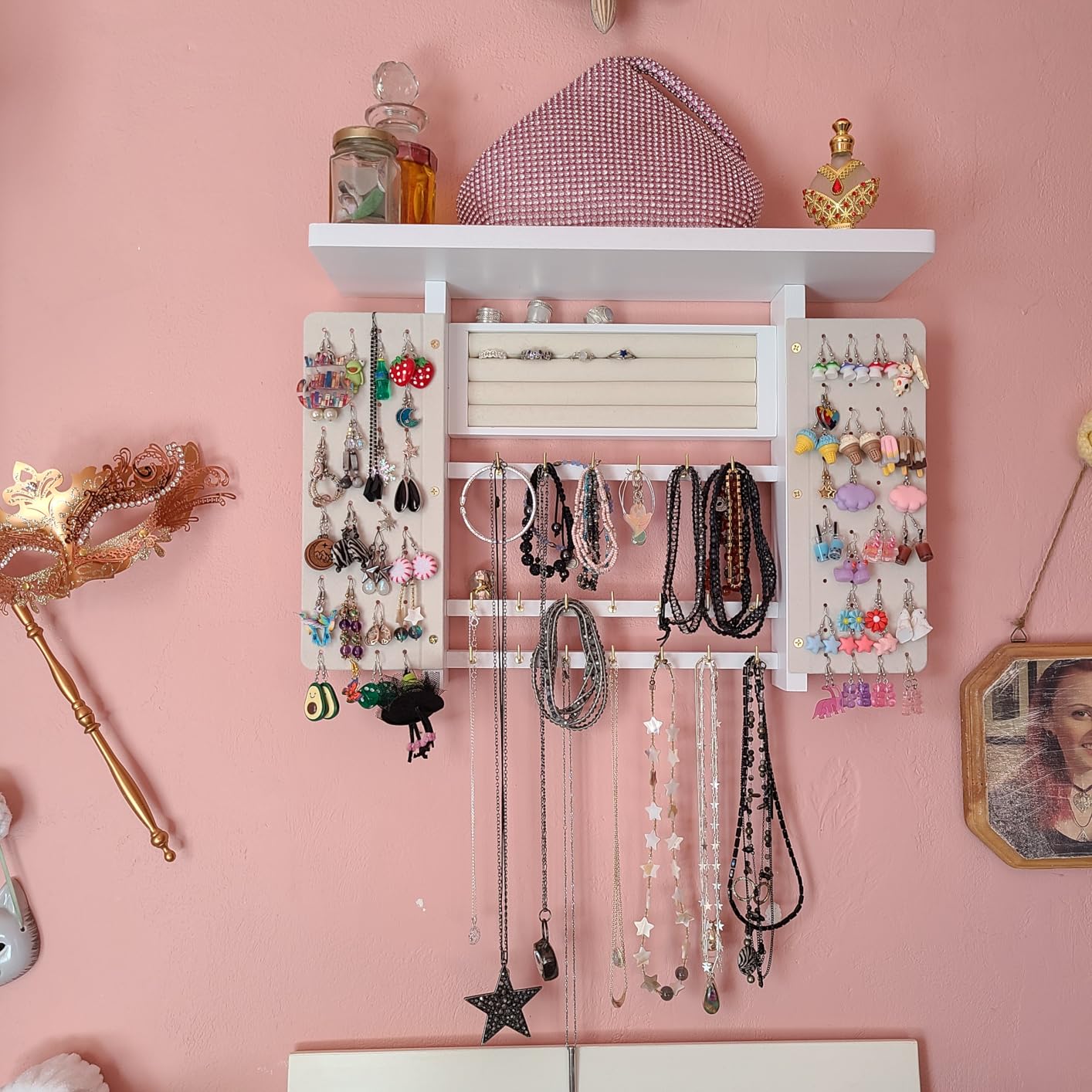 Emfogo Jewelry Organizer Hanging Wall Mounted Jewelry Holder, 5-in-1 Large Capacity Necklace Organizer Wall Hanging Jewelry Display for Ring, Necklaces, Bracelets, Earrings (White) customer photo 2