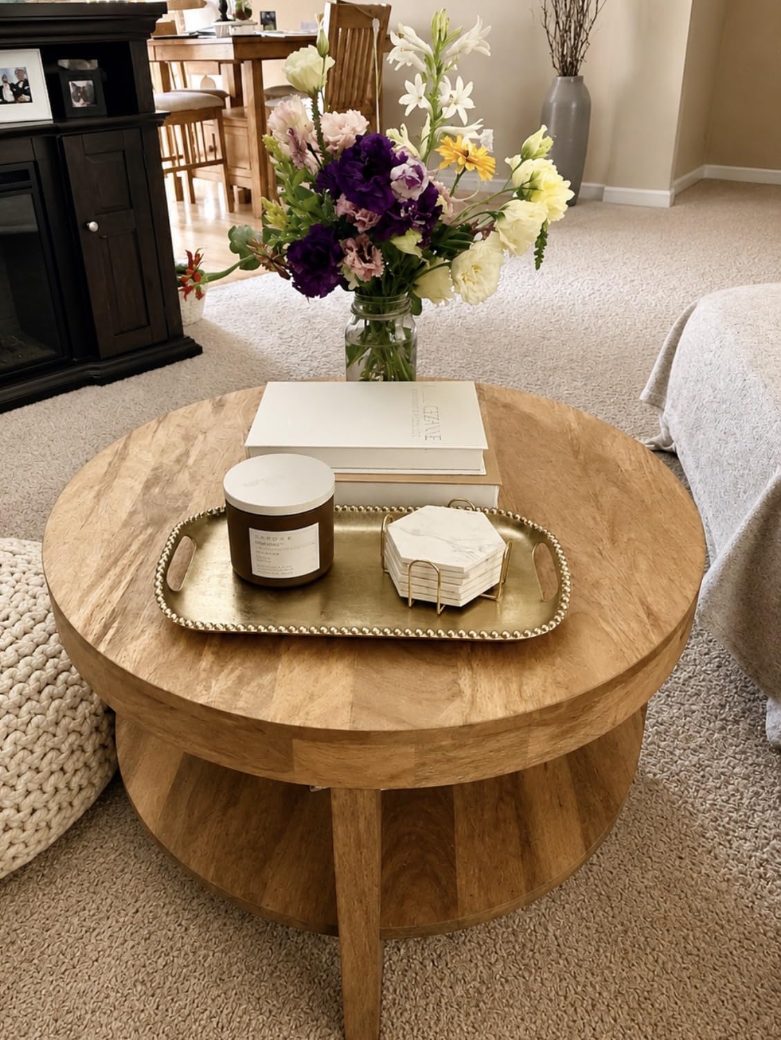 Kate and Laurel Talcott Tiered Modern Round Coffee Table, 28 x 28 x 18, Natural Wood, Transitional Two-Tier Circle Living Room Table with Storage and Mango Wood Construction customer photo 1