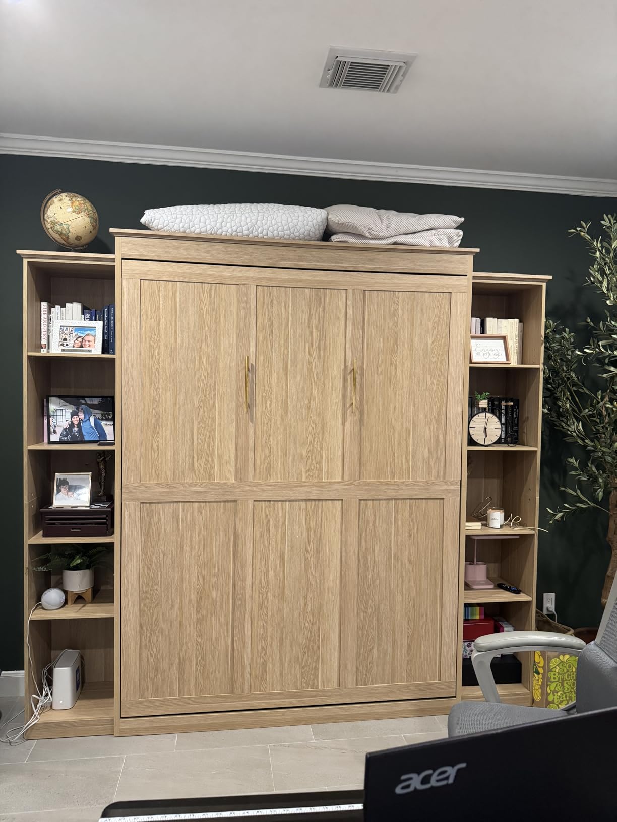 Rophefx Queen Murphy Bed Cabinet with 5-Tier Shelves, Wood Wall Bed, White | Foldable queen wall bed with five adjustable storage shelves saves floor space while adding practical storage to guest rooms customer photo 2