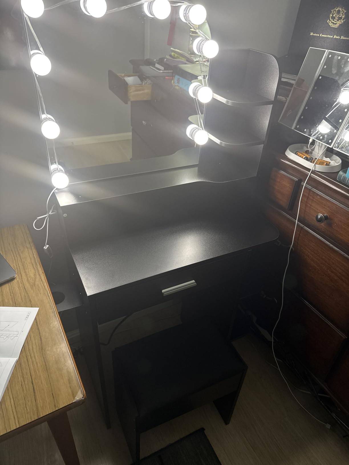 wanan Small Vanity, Set with Chair, Big Mirror & Lights, for Girls, White | Small footprint, huge storage, 14.2×26.5×54.4