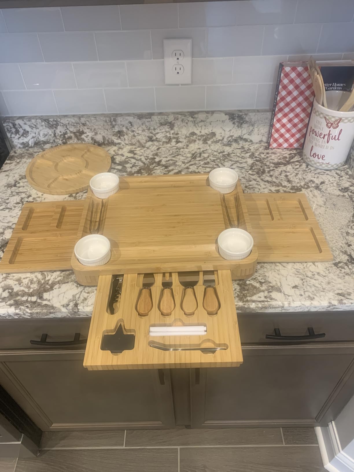 CAWIU Large Bamboo Charcuterie Board Set with Lid, Drawers, Cream | Includes serving utensils and a fruit tray for easy entertaining; ideal for housewarmings, weddings and bridal showers. customer photo 1