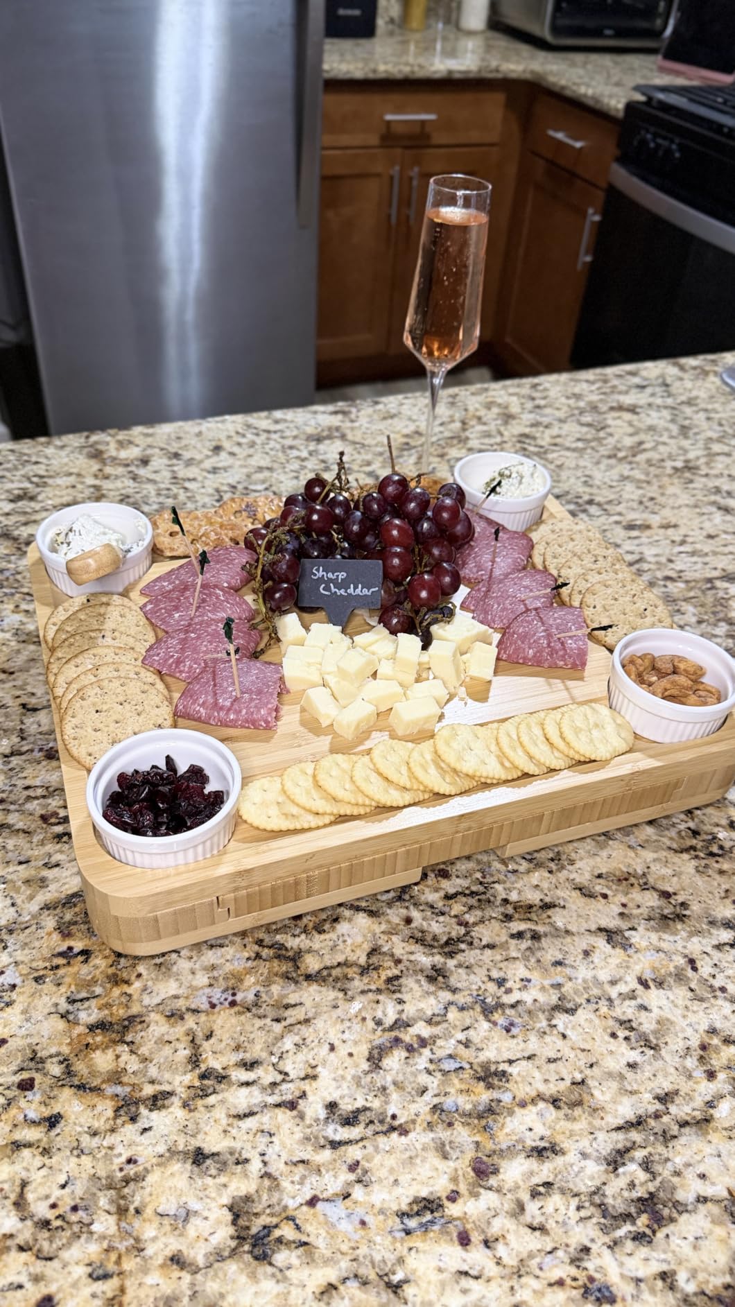 CAWIU Large Bamboo Charcuterie Board Set with Lid, Drawers, Cream | Includes serving utensils and a fruit tray for easy entertaining; ideal for housewarmings, weddings and bridal showers. customer photo 2
