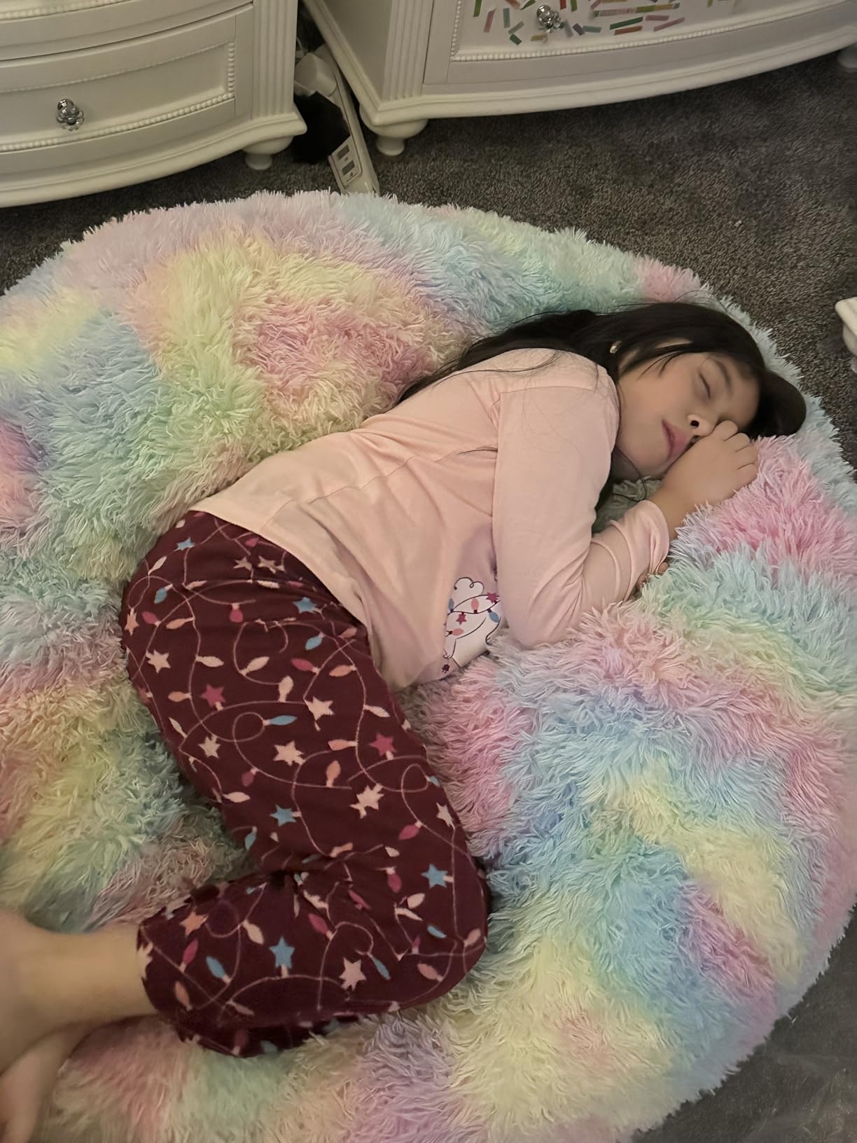 Fluffy Bean Bag Chair for Kids, 2.5FT Round Memory Foam Filled Bean Bag for Teens & Kids, Ultra Soft Faux Fur Fabric Bean Bag Chairs for Playroom, Living Room, Bedroom, Lavender customer photo 2