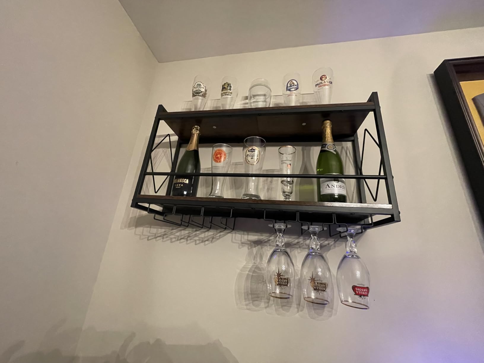 Wine Rack Wall Mounted Wine Glass Rack With LED For Home Bar Storage | 31.5 Inch Wide 2-Tier Wood Rack, 12 Glass Holders, Adjustable LED, Stores Wine Bottles, Goblets&Household Supplies customer photo 1