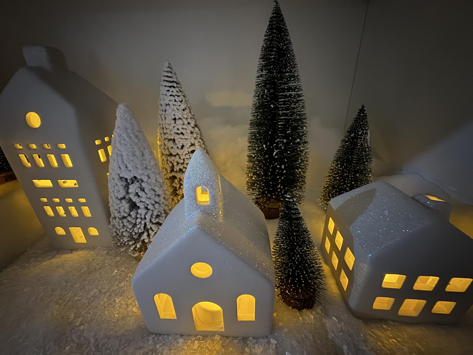 Christmas Decorations Indoor - Christmas Village Sets of 5 Ceramic Houses with LED Lights Remote and 9 Trees - Winter Rustic Farmhouse Home Holiday Xmas Decor for Mantel Tabletop Room customer photo 1
