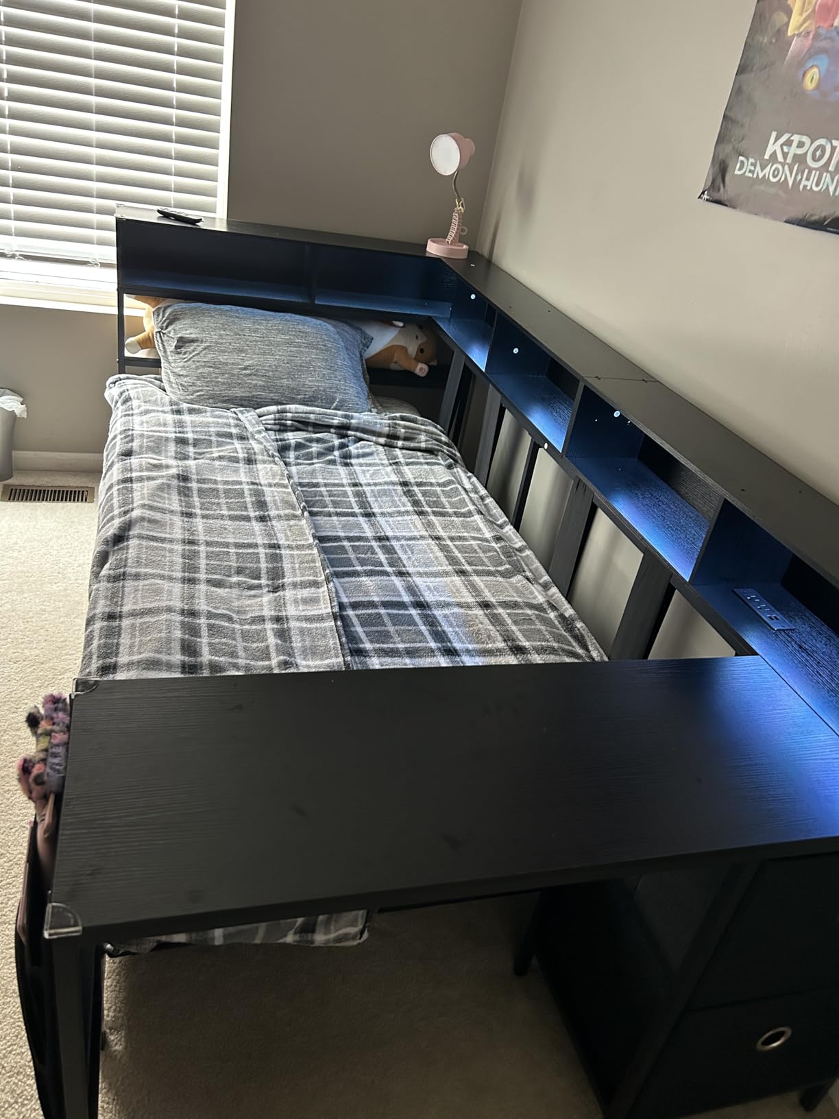 DICTAC Corner Twin Bed Frame with Desk, Charging Station and Bookcase Storage Twin Size Daybed for Kids/Teen with Storage Drawers, LED Lights and Shelves Twin Size Platform Bed Frame with Desk, Black customer photo 1