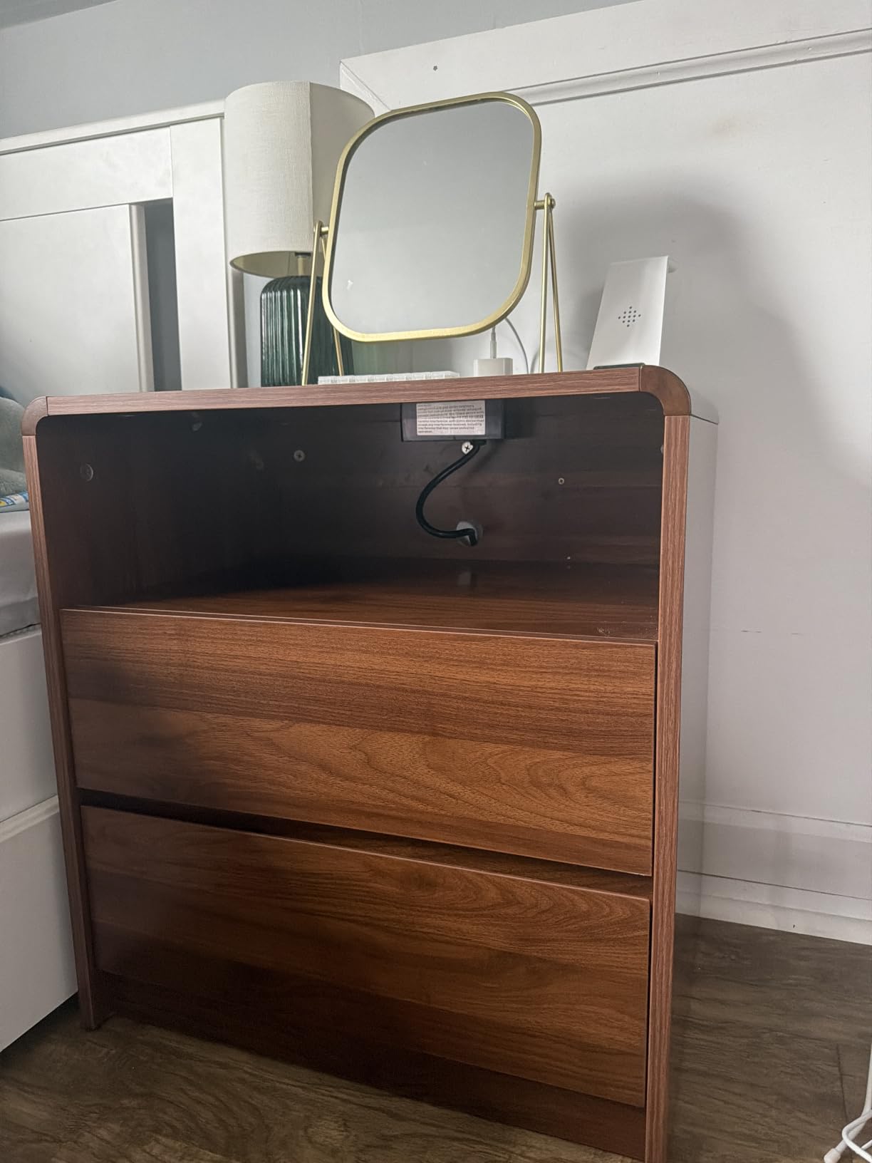 Messenya Nightstand w/Charging Station, 2 Soft Close Drawers & Open Shelf | FSC Certified Mid Century Modern Walnut Finish 23.6