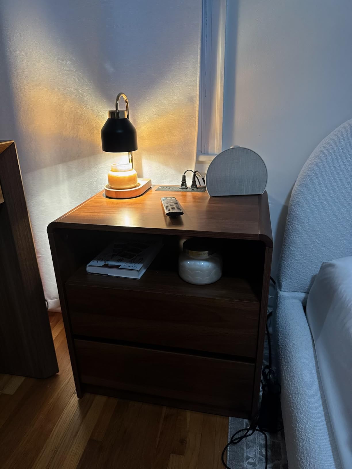 Messenya Nightstand w/Charging Station, 2 Soft Close Drawers & Open Shelf | FSC Certified Mid Century Modern Walnut Finish 23.6