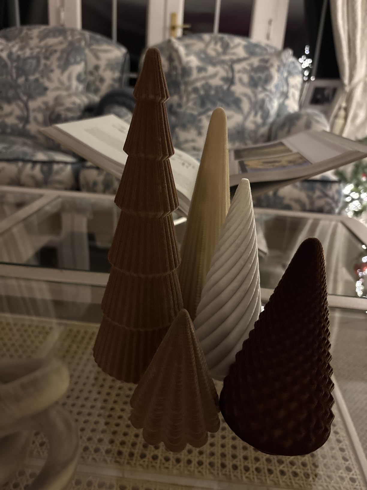 Weysat Green Brown 5 Pcs Neutral Christmas Velvet Cone Trees Set | Modern Christmas Cone Trees Decoration, Modern Winter Tree Centerpiece for Holiday Entryway Table Mantel Xmas Centerpiece customer photo 1