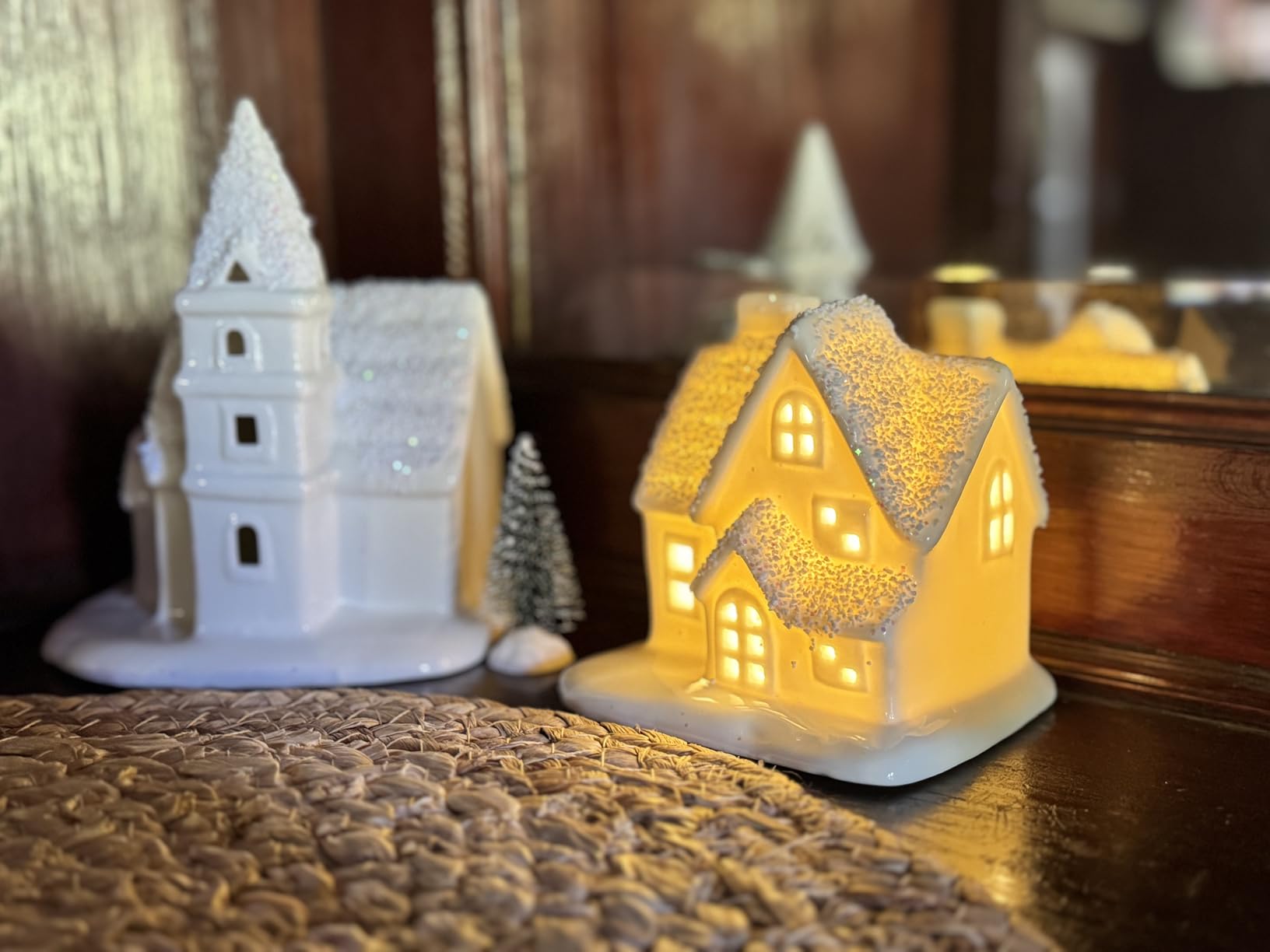 Christmas Village Sets-13 Pieces White Indoor Christmas Decorations | Includes Ceramic Village Houses set of 4 & 7 Trees & 2 Deer, Mantel & Shelf & Tabletop Decor, Farmhouse Rustic Holiday Decor customer photo 1