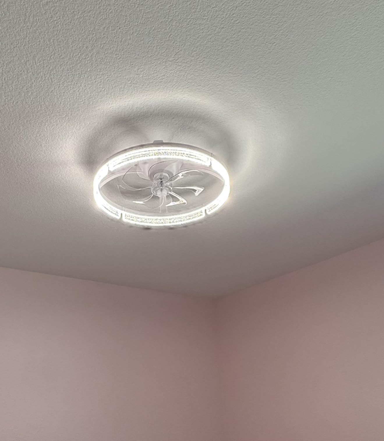 addlon Ceiling Fans with Lights and Remote, 24'' Low Profile Flush Mount Ceiling Fan, 3000-6000K Dimmable LED Fandelier, Bladeless Crystal Fan Light for Bedroom, Kitchen, Living Room, Black customer photo 2