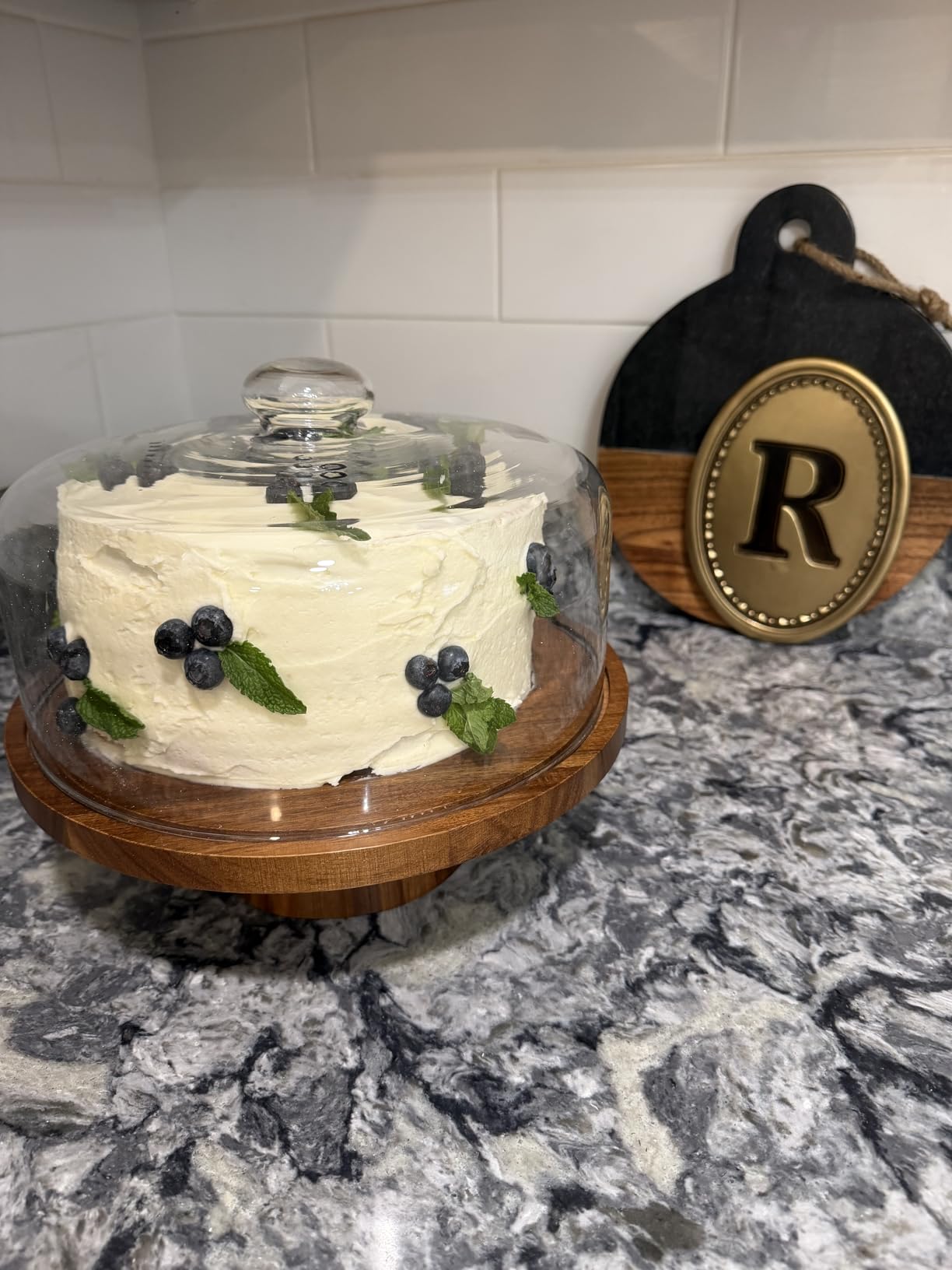 Acacia Wood Cake Stand with Glass Lid-12