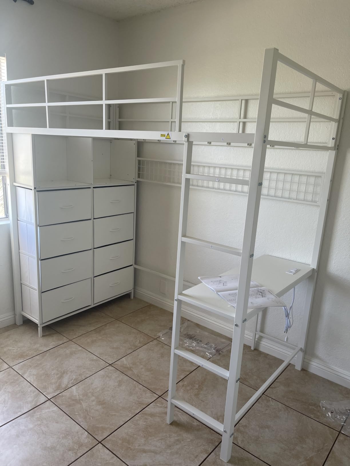 ADORNEVE Loft Bed Full Size with Desk and 8 Storage Drawers, LED Metal Loft Bed with Power Outlet, 2 Shelves & Clothing Rack, Bed with Safety Guardrail & Ladder, Space-Saving, Grey customer photo 1