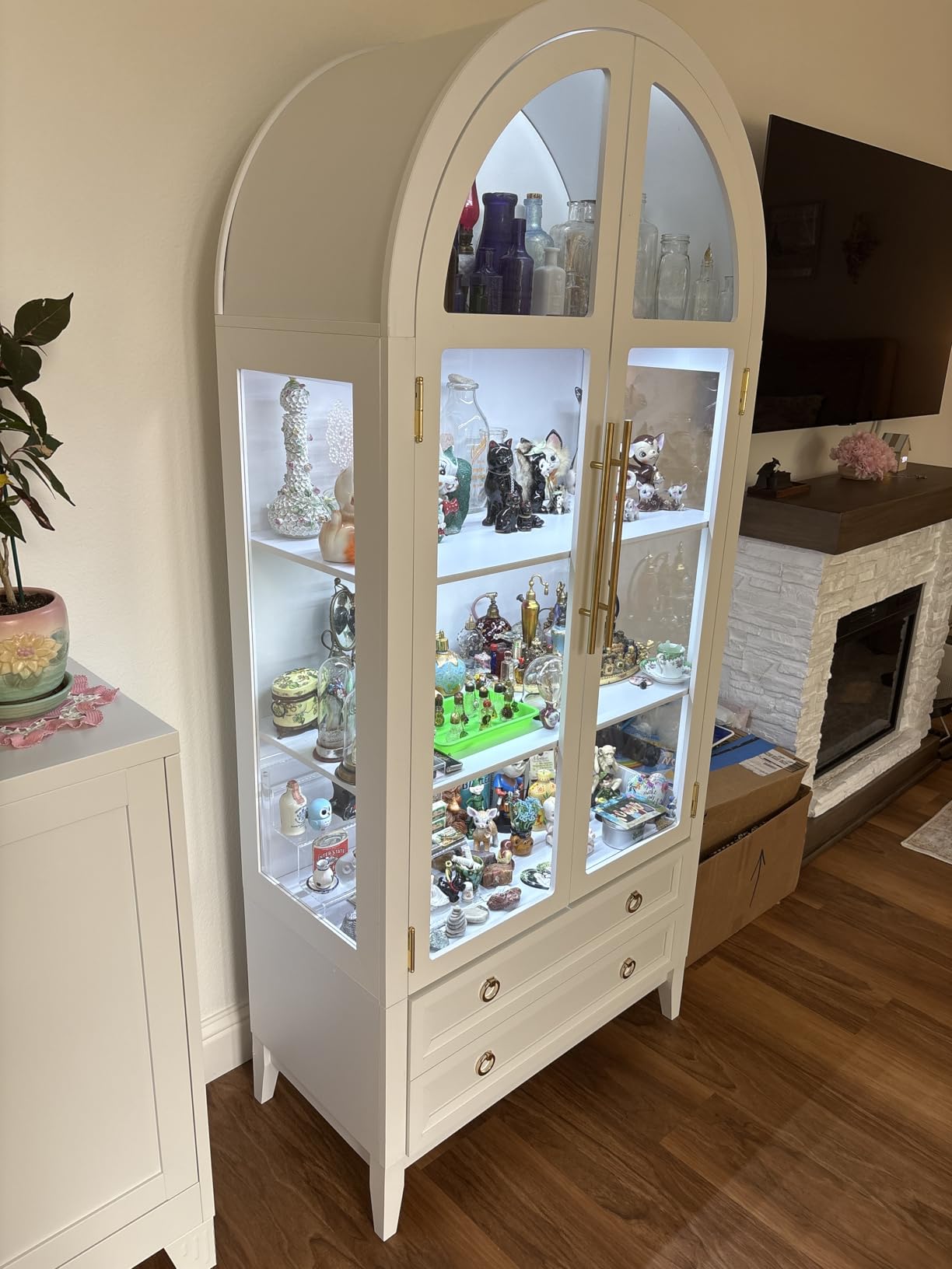 Vlsrka 71 Inch Arched Curio Cabinet, 4-Tier Display Cabinet with 2 Drawers | 3 Color Lights China Cabinets with Glass Doors, Tall Arched Bookcase Storage Cabinet, Arched Bookshelf, Kitchen Pantry, Wood customer photo 1