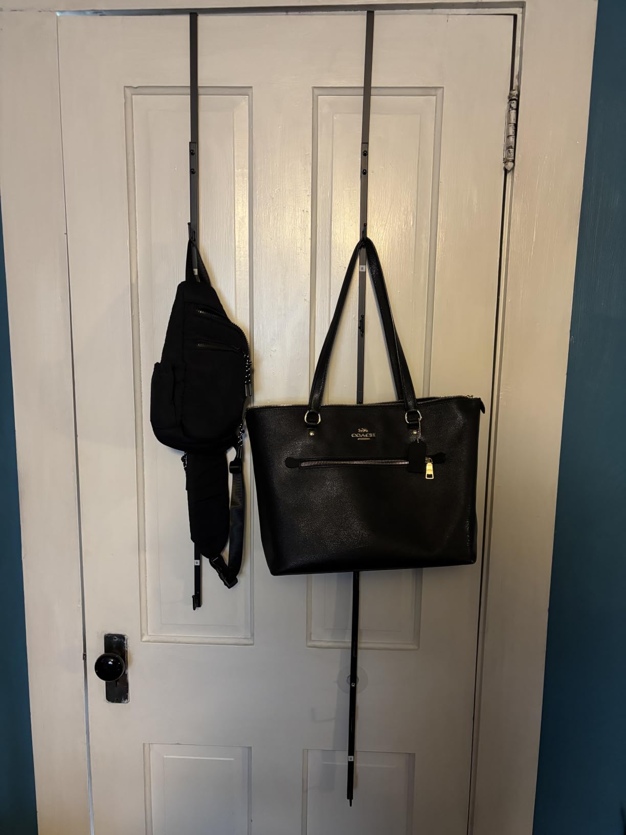 SWTYMIKI Over the Door Purse Organizer - 2 Packs Wall Mounted Purse Rack with 8 Hooks Design, Hanging Handbag Organizer Storage Holds up to 16 Bags, Bag Rack for Closet, Door (Black) customer photo 2