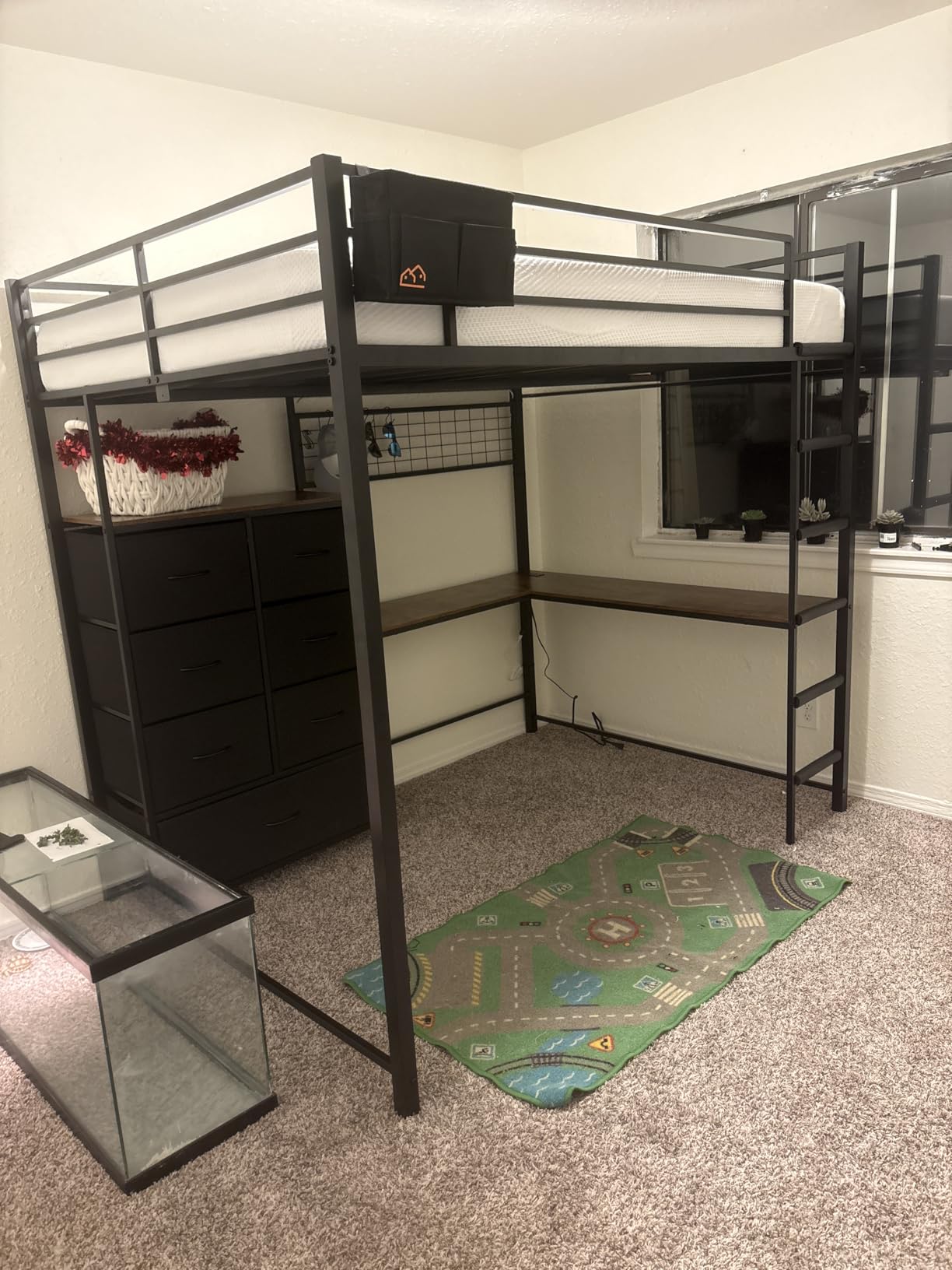 DICTAC Full Loft Bed with L-Shaped Desk and 7 Storage Drawers, Metal Full Size Loft Bed for Teen with LED Lights and Charging Station, 13.11