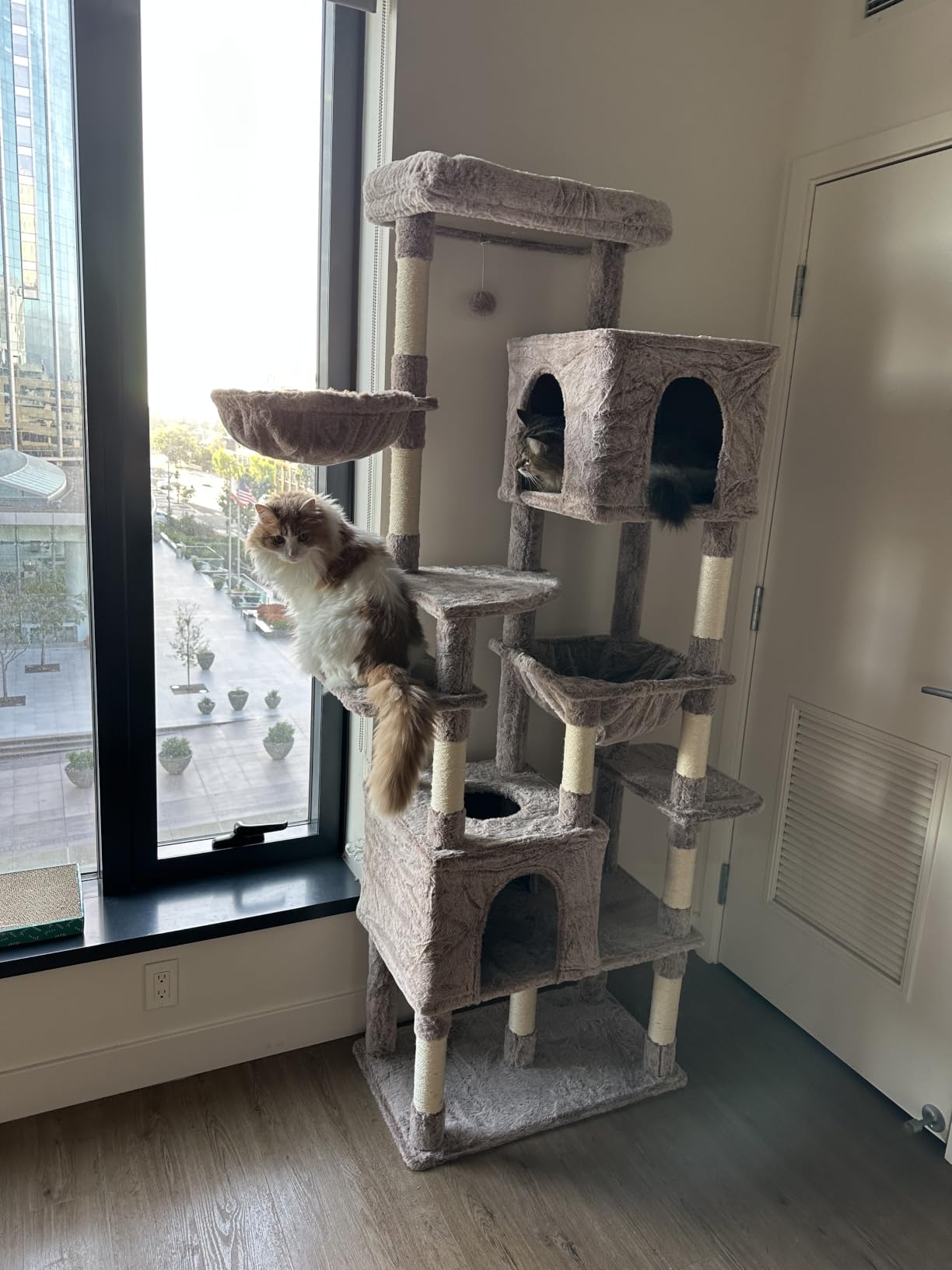 Heybly Cat Tree, 76-Inch Tall Heavy Duty Cat Tower for Big Cats with Extra Wide Baseboard, Multi-Level Large Cat Furniture with 2 Condos & 2 Hammocks, 10 Scratching Posts, Smoky Gray HCT039G customer photo 1