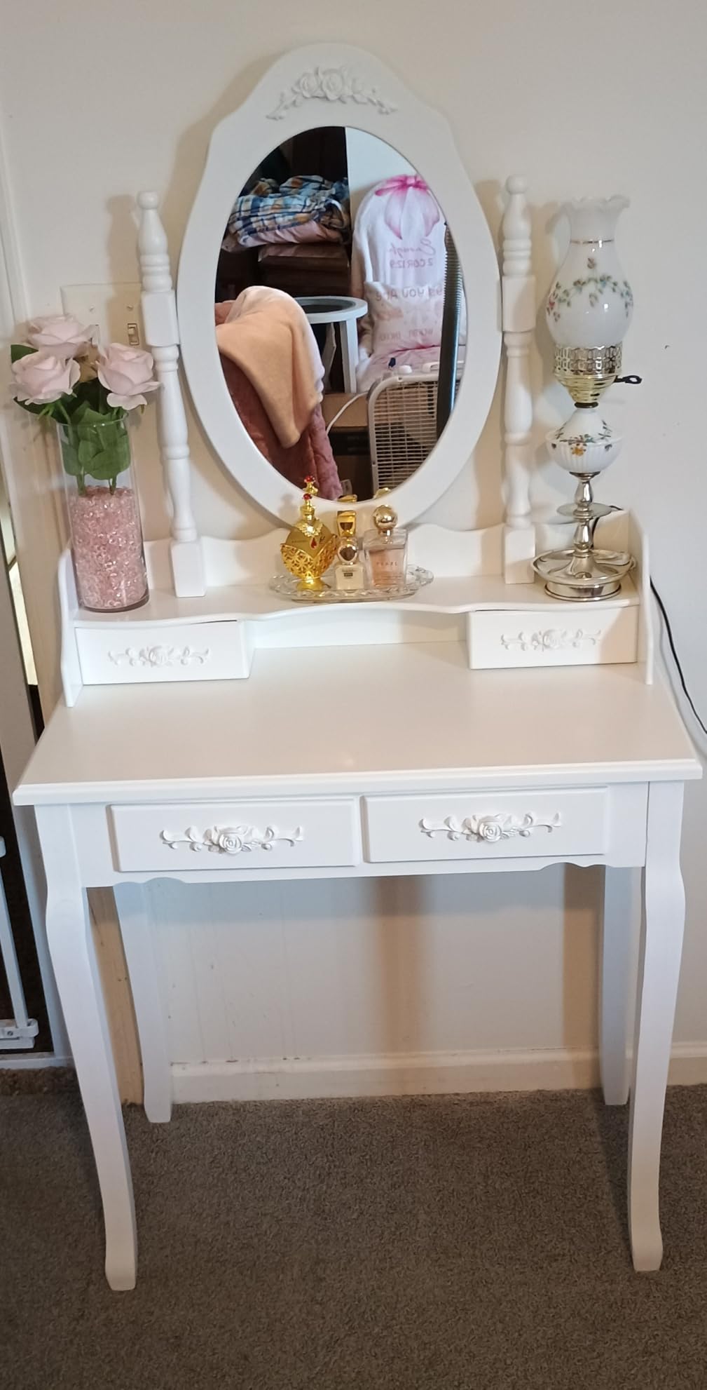 Alohappy Vanity Desk Set with Mirror & Stool for Girls, Makeup Vanity Table and Cushioned Stool Set with 4 Drawers, Wood Dressing Table for Bedroom (Pink) customer photo 2