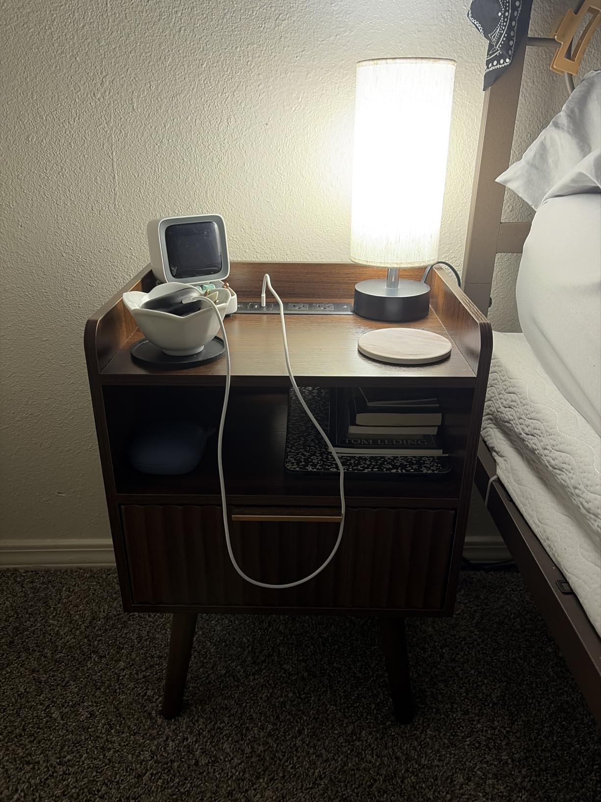 Huuger Nightstand Set of 2 with Charging Station, USB-C Port, End Tables | Fluted Night Stand Bedside Table with Drawer, Solid Wood Feet, Open Storage, with Raised Edge, for Bedroom, Walnut customer photo 1