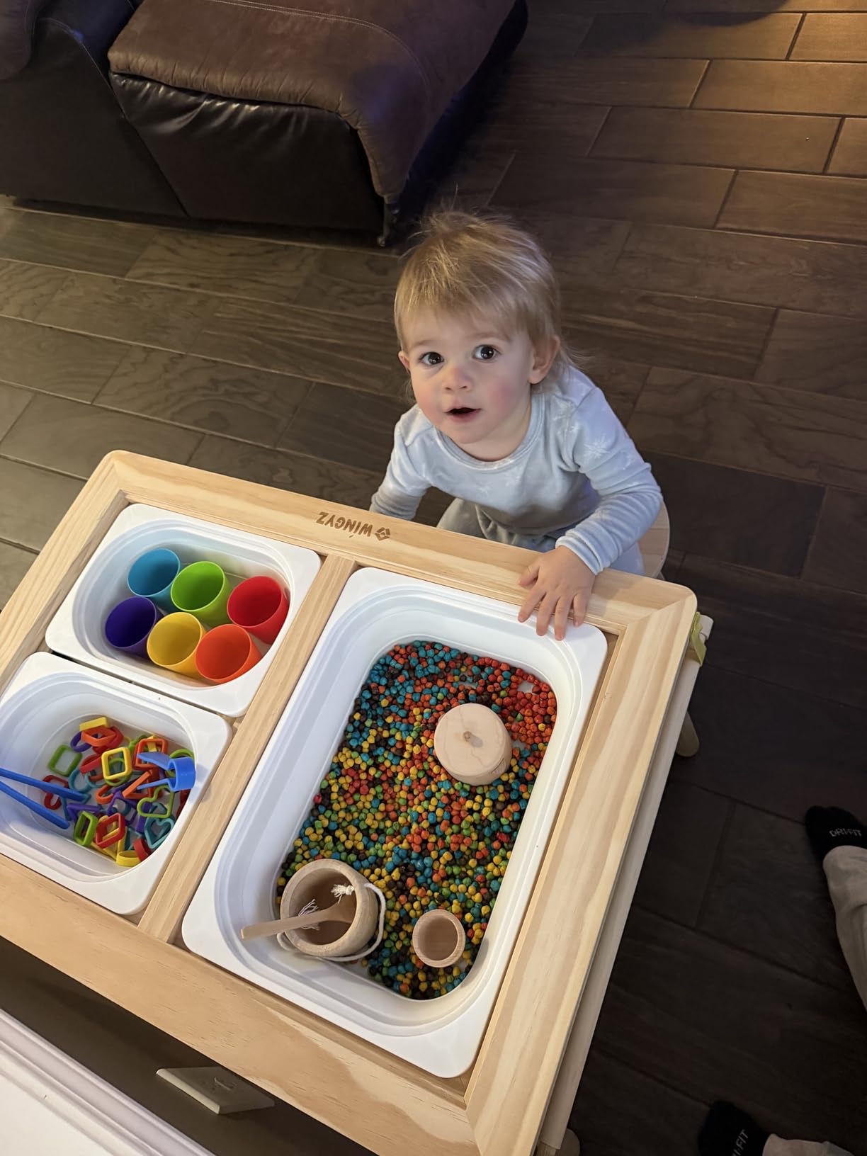 WINGYZ 5-in-1 Kids Art Table and Chairs, Toddler Table and 2 Chairs Set FSC | Wooden Kids Craft Table with Storage Cabinet, Art Desk Activity Sensory Table with Paper Holder for Playroom Ages 2-12 Gifts customer photo 1
