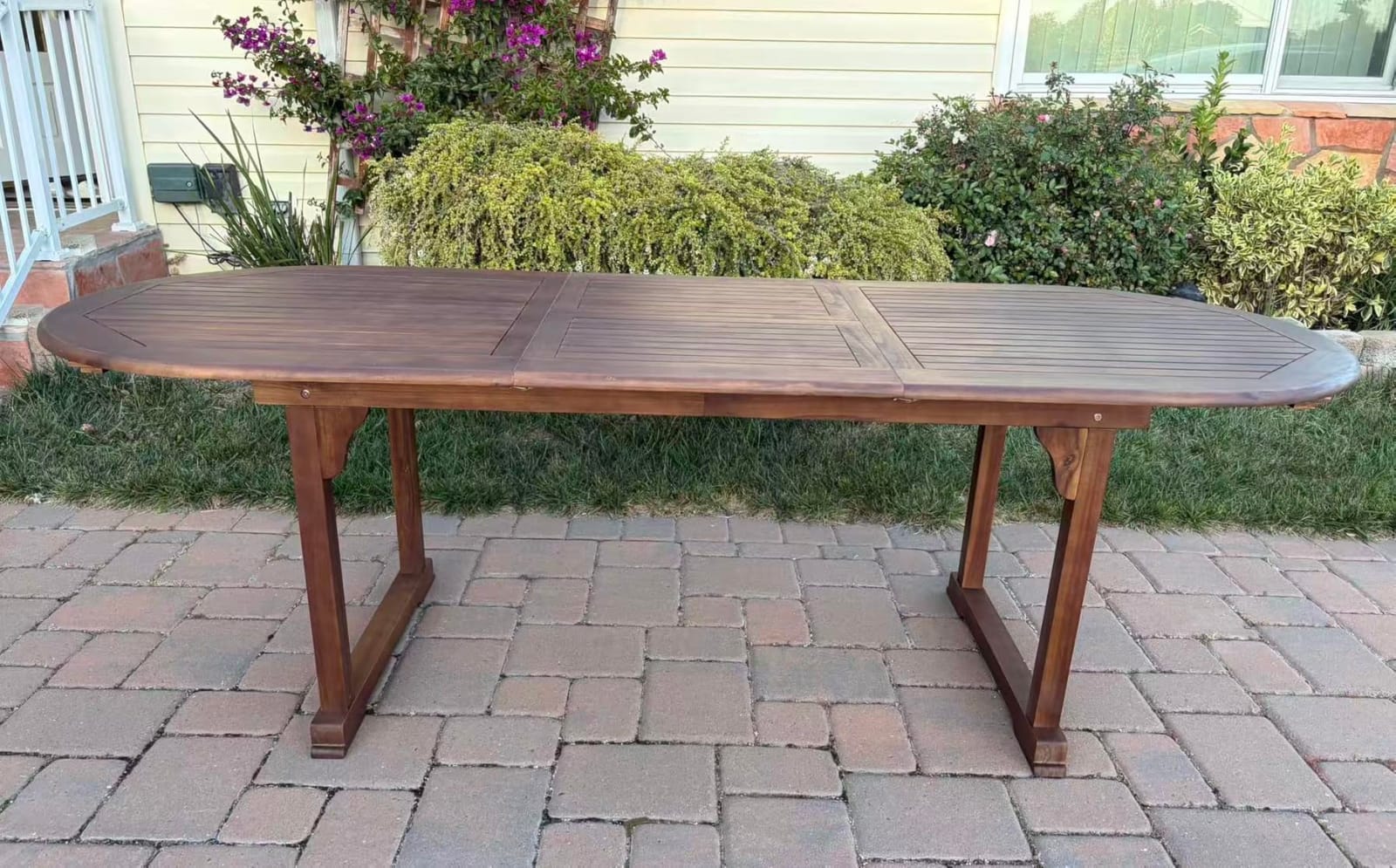 PHI VILLA Teak Outdoor Table, Expandable Wood Table w/Umbrella Hole | Large rectangle acacia wood table for 6-8. Perfect for patio, deck, porch, backyard customer photo 1