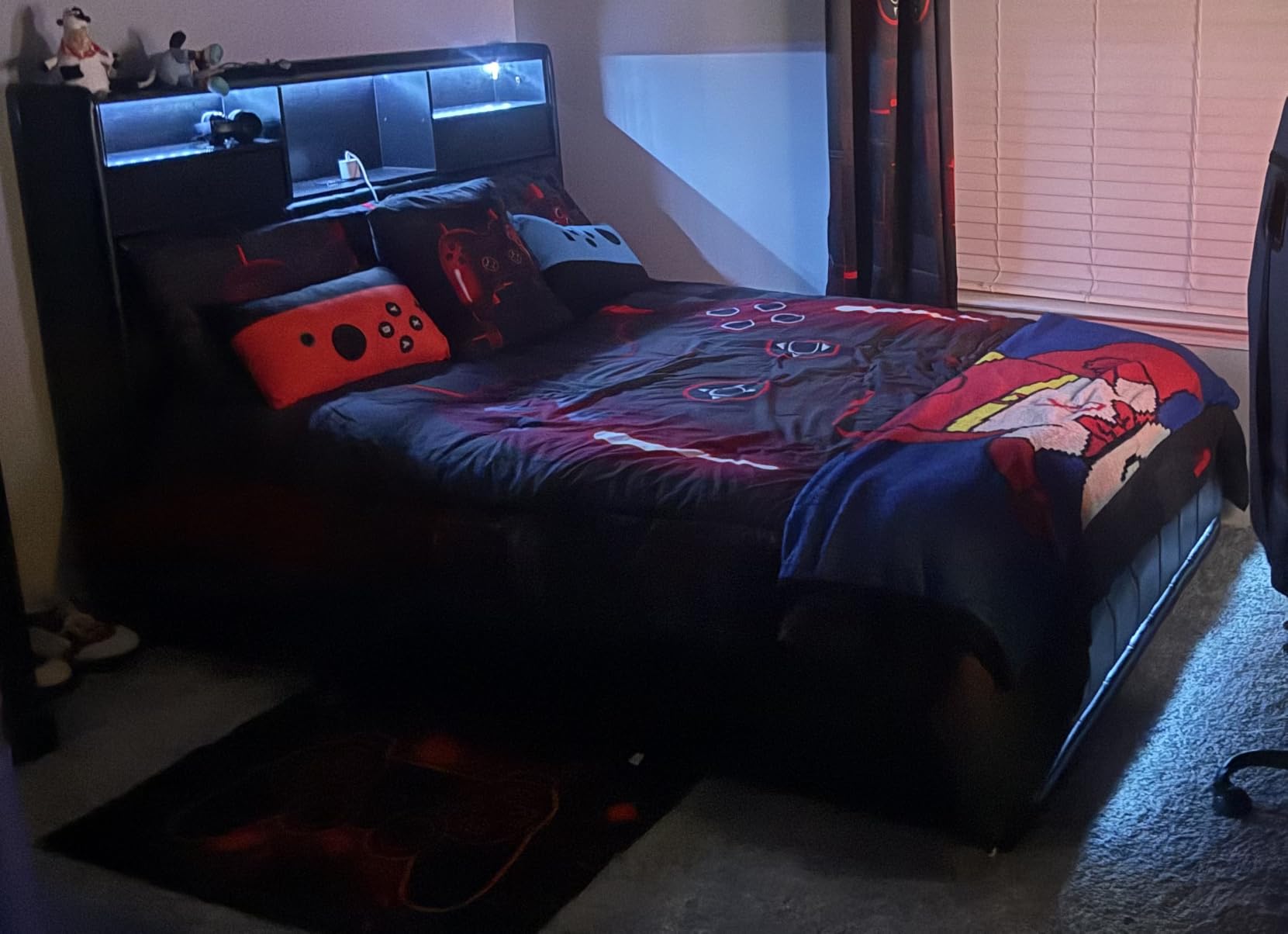 DICTAC Full Bed Frames with Storage Headboard and 2 Large Drawers, Gaming Bed with RGB Lights and Charging Station, Leather Upholstered Platform Bed, Esports-Style Bed, No Box Spring Needed, Black customer photo 1