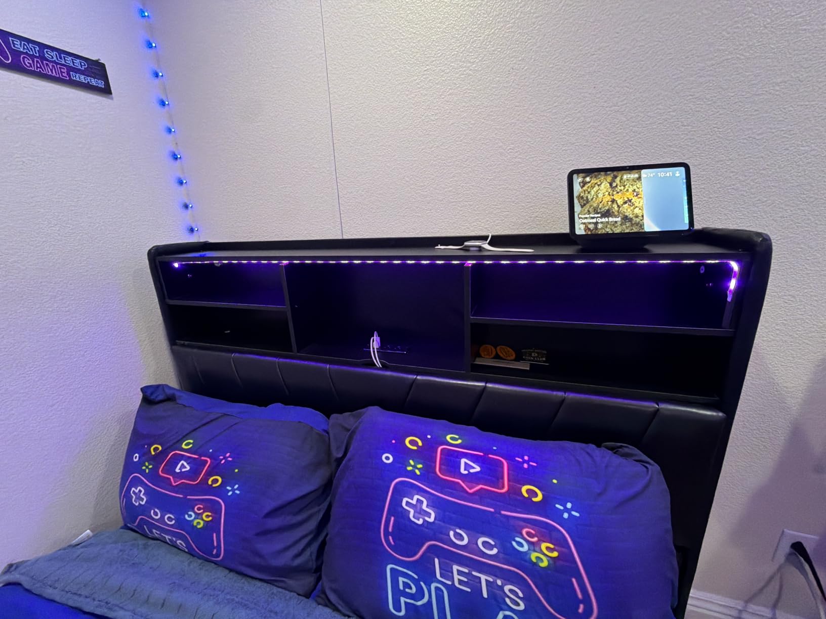 DICTAC Twin Bed Frames with Storage Headboard and 2 Large Drawers, Gaming Bed with RGB Lights and Charging Station, Leather Upholstered Platform Bed, Esports-Style Bed, No Box Spring Needed, Black customer photo 2