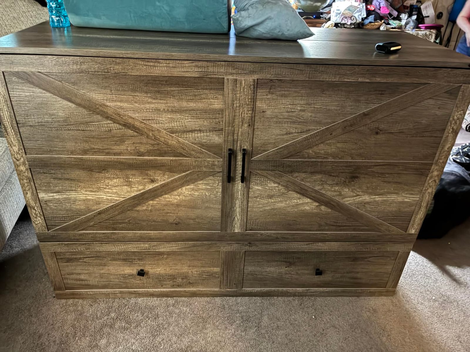 LUXOAK Full Murphy Cabinet Bed with Storage & Charging Station | Rustic Grey Foldable Platform Bed, Farmhouse Wooden Hideaway Bed, Large Drawer, Noisy Free, Guest Room & Home Office customer photo 1