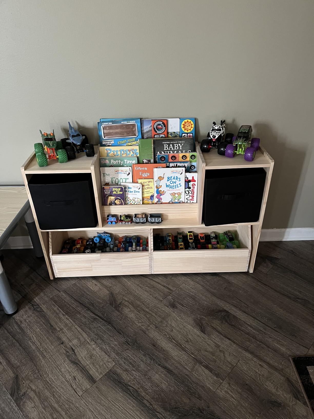 EXPERLAM Solid Wood Kids Bookshelf and Toy Storage Organizer, 3-in-1 Montessori Bookcase with Storage Cubbies and 2 Rolling Toy Bins, Toddler Bookshelf for Kids Room, Playroom, Nursery customer photo 1