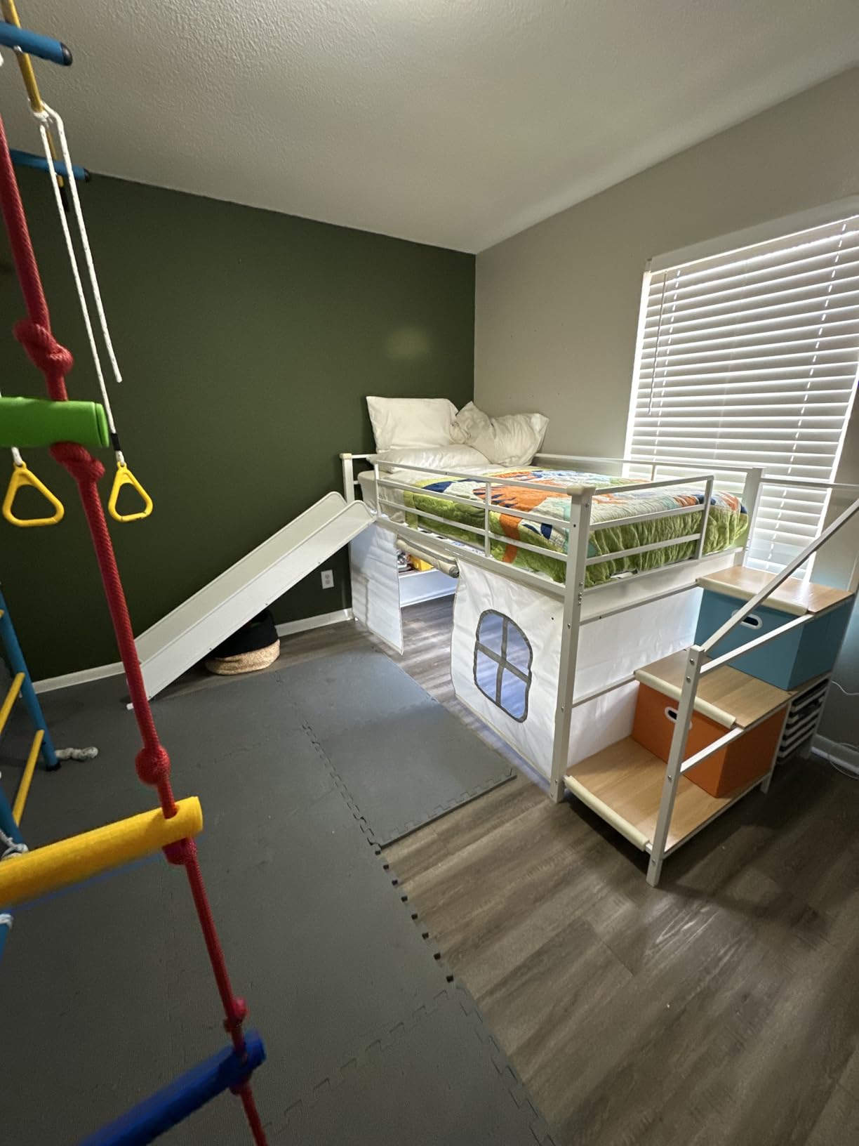 DICTAC Low Loft Bed with Slide, Storage Stairway and LED Lights Metal Twin Size Loft Bed with Under-Bed Play Space, Art Table & Play Curtain Twin Beds with 2 Drawers and 13.8''H Safety Guardrail, Black customer photo 2