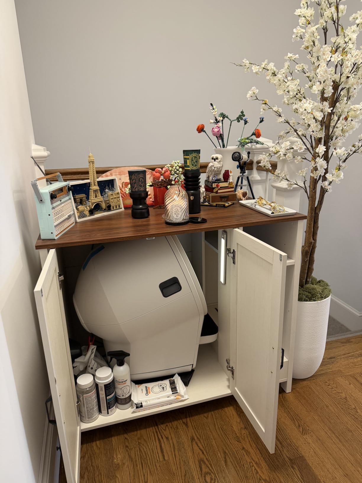 Forest Gravity Extra Large Litter Box Cabinet for Self-Cleaning Litter Box | Fits most self-cleaning boxes; Fluted doors; Large Inner Space; Litter Collector; Built-in power outlet; Dog-Proof; Natural customer photo 1
