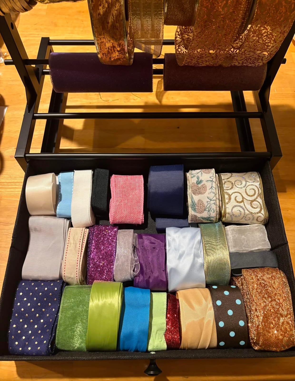 Ribbon Organizer with Fabric Drawer, Adjustable 5-Tier Ribbon Holder Rack | Stores Gift Wrap Ribbons, Craft Supplies, and Wrapping Tools with a Stable Metal Design for Easy Organization customer photo 2